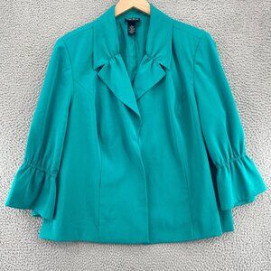 Maggie Barnes Jacket Womens 2X Plus Green Ruched Bell Sleeve Shawl Lapel Pocket